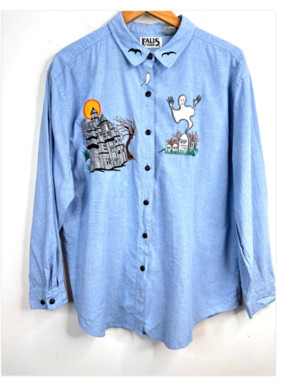 VTG Falls Creek Halloween Embroidered Blue Chambray Shirt 20W Ghost Bats Witchy
